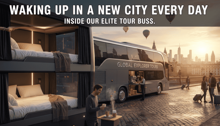 Luxury tour bus with bunk beds in city