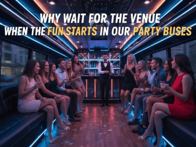 Friends enjoying drinks inside neon-lit party bus