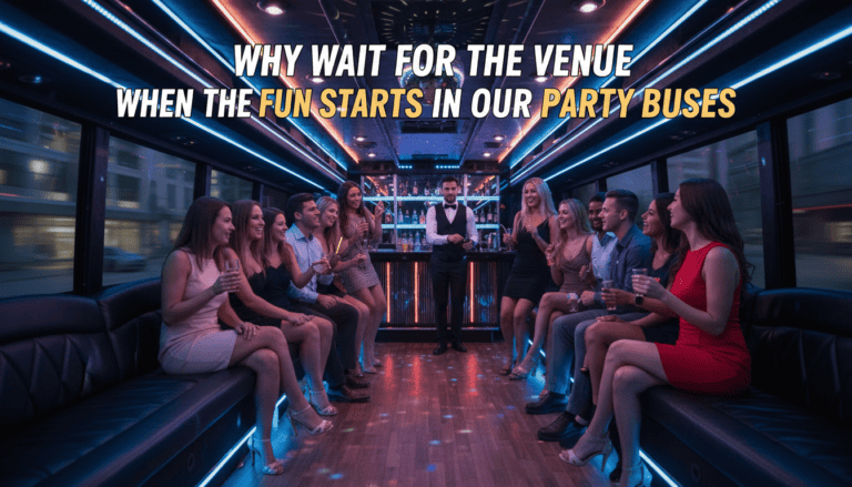 Friends enjoying drinks inside neon-lit party bus