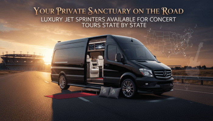 Luxury black Sprinter van with plush interior at sunset
