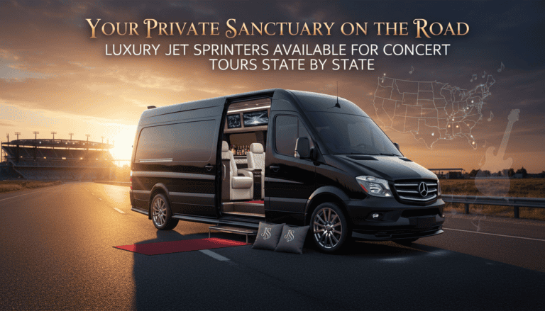 Luxury black Sprinter van with plush interior at sunset