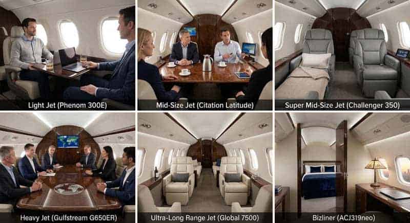 Collage of luxury private jet cabin interiors