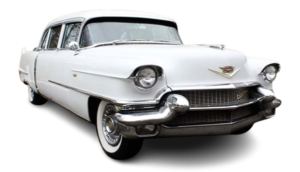 White 1950s classic Cadillac car angled view