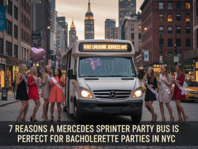 Bachelorette party group beside Mercedes Sprinter in NYC