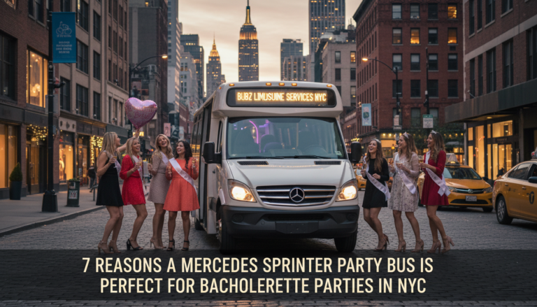 Bachelorette party group beside Mercedes Sprinter in NYC