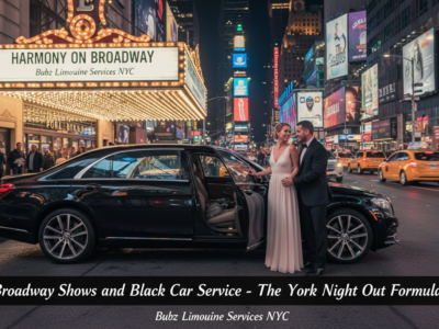 Couple in formal wear by black car on Broadway