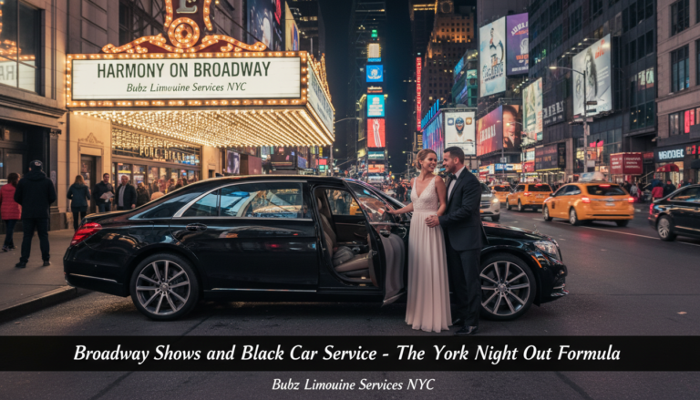 Couple in formal wear by black car on Broadway