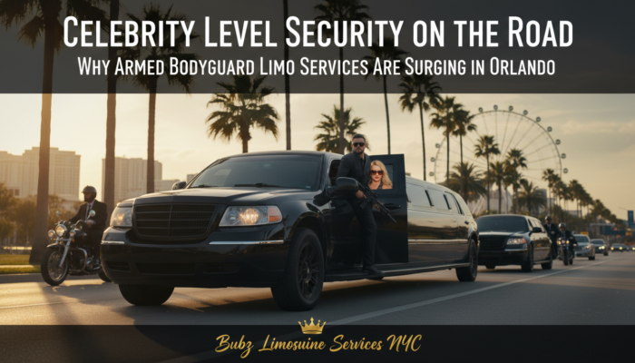 Armed bodyguard beside luxury limousine in Orlando