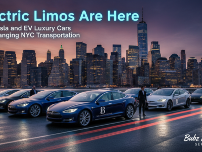 Tesla limousines lined up before NYC skyline