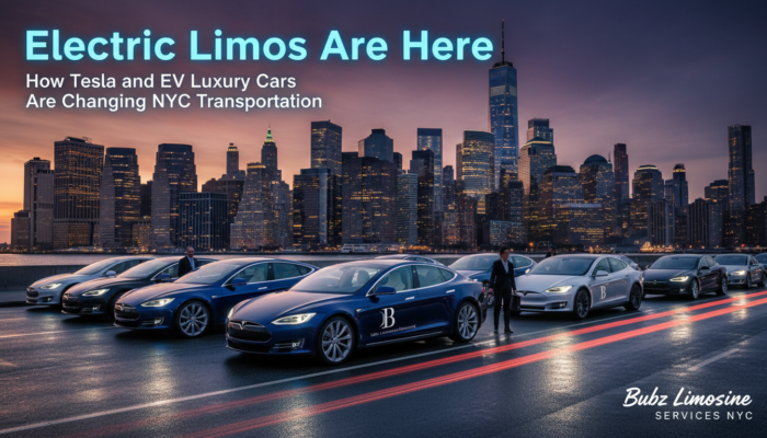 Tesla limousines lined up before NYC skyline