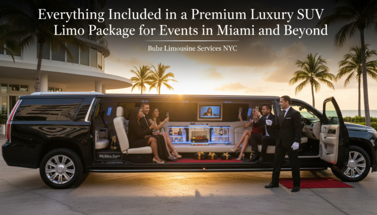 Luxury SUV limousine with guests celebrating at sunset