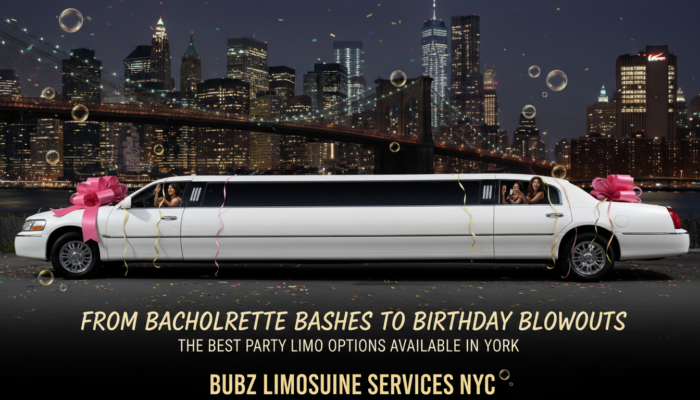 White stretch limousine with pink bows in NYC skyline