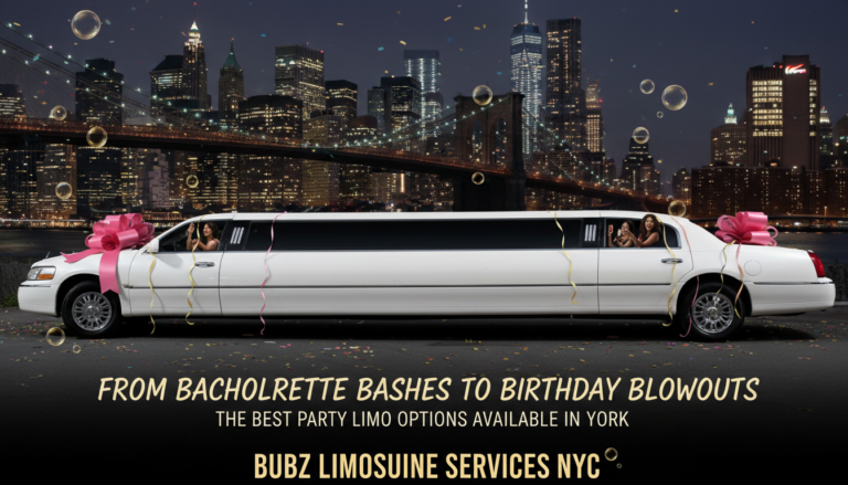 White stretch limousine with pink bows in NYC skyline