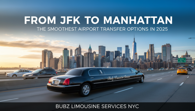 Black limousine driving toward Manhattan skyline at sunset