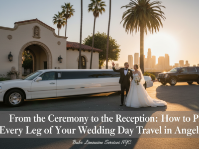Bride and groom beside white limousine at sunset