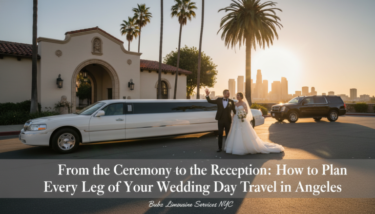 Bride and groom beside white limousine at sunset