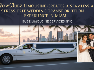White wedding limousine driving past Miami skyline