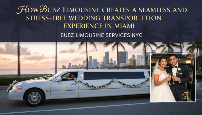 White wedding limousine driving past Miami skyline