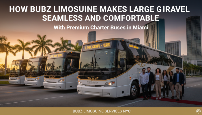 Luxury charter buses lined up in Miami at sunset