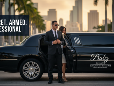 Bodyguard beside black limousine in city skyline