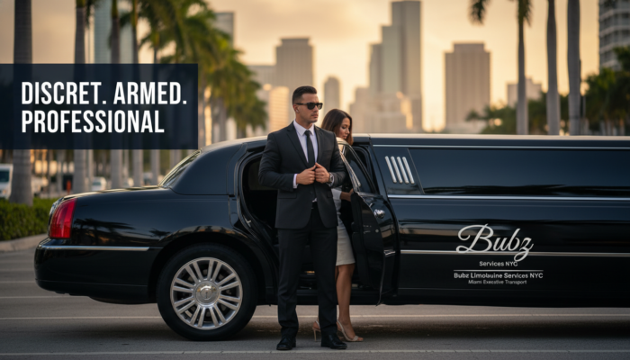 Bodyguard beside black limousine in city skyline