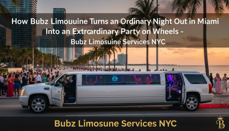 White stretch limousine at Miami beachfront sunset party
