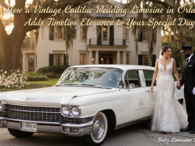 Bride and groom beside vintage white Cadillac limousine