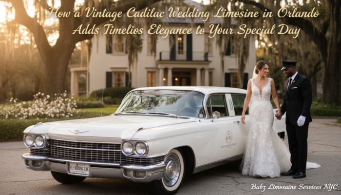 Bride and groom beside vintage white Cadillac limousine
