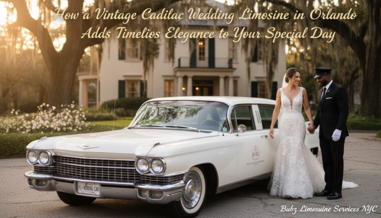 Bride and groom beside vintage white Cadillac limousine