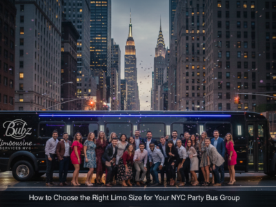 Group posing by NYC party bus at dusk