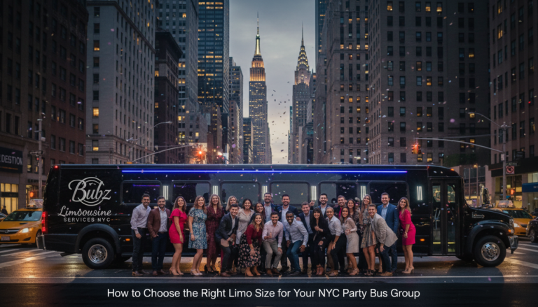 Group posing by NYC party bus at dusk