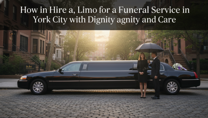 Black limousine at funeral with couple under umbrella