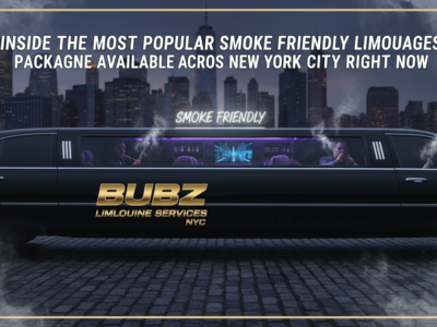 Black stretch limousine with smoke, NYC skyline backdrop