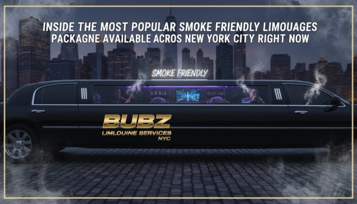Black stretch limousine with smoke, NYC skyline backdrop