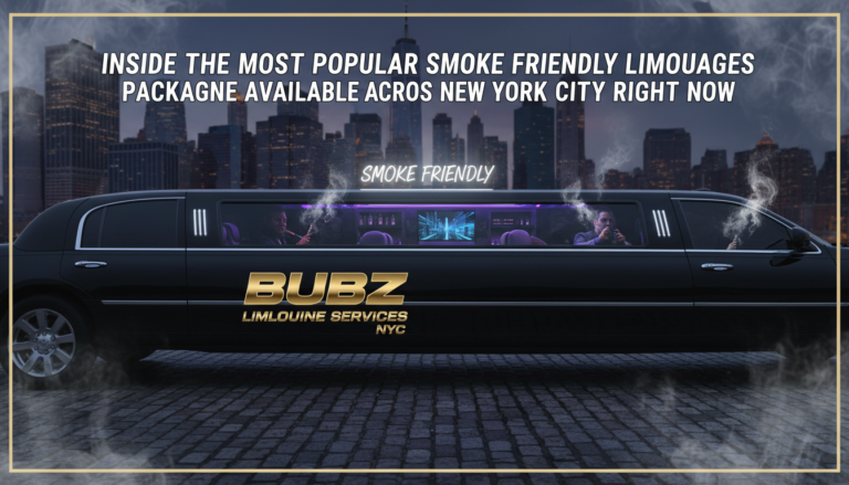 Black stretch limousine with smoke, NYC skyline backdrop