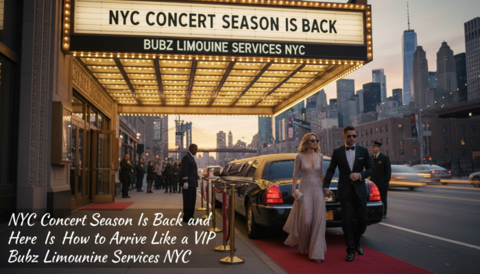 Couple exits limousine under NYC concert marquee lights