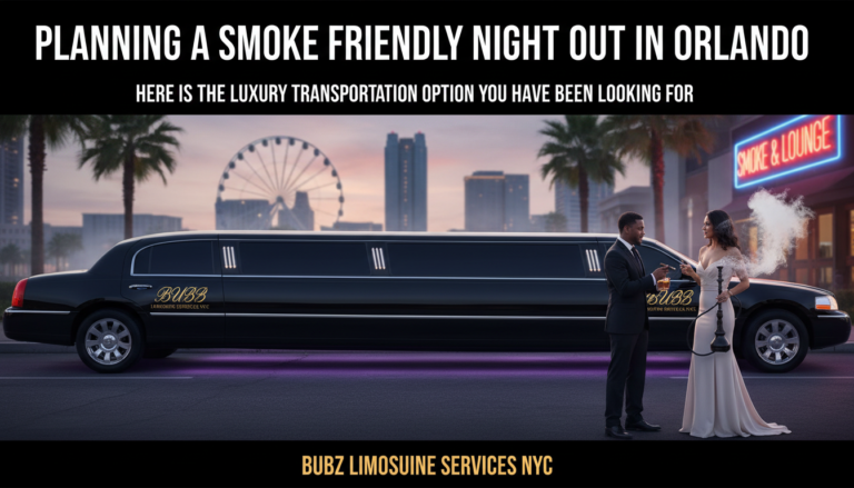 Luxury limousine outside Orlando smoke lounge at night
