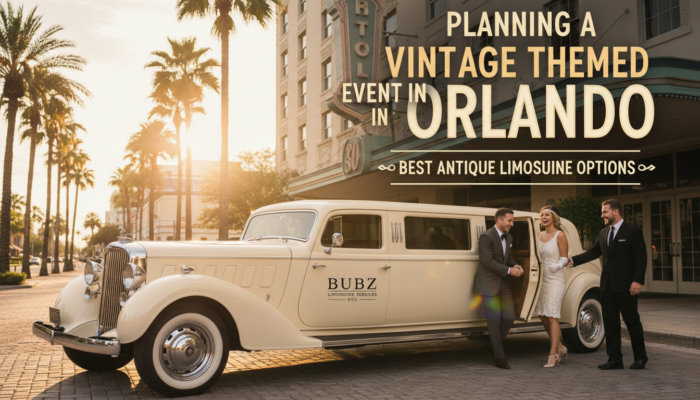 Vintage limousine with wedding couple in Orlando sunset