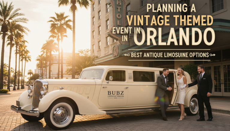 Vintage limousine with wedding couple in Orlando sunset