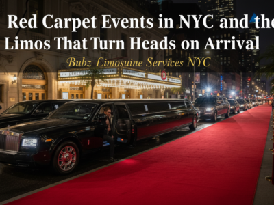 Black limousines lined along NYC red carpet event