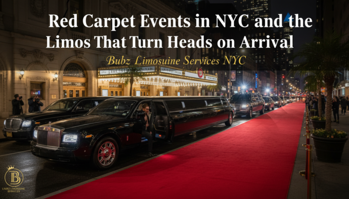 Black limousines lined along NYC red carpet event
