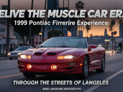 Red Pontiac convertible driving at sunset in city