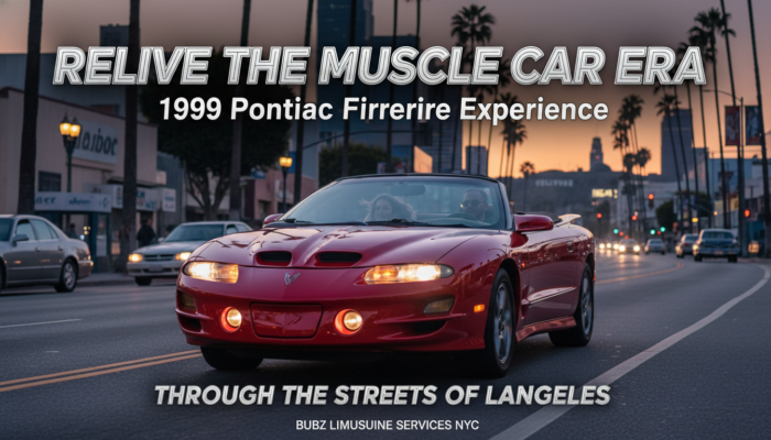 Red Pontiac convertible driving at sunset in city