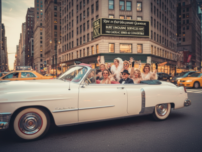 Vintage white Cadillac convertible with glamorous passengers in NYC