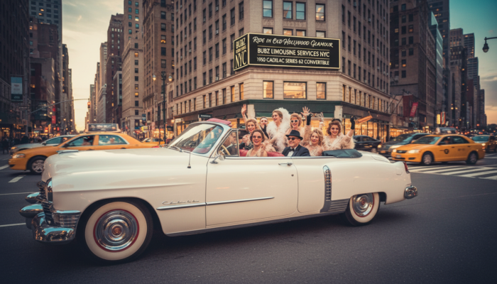 Vintage white Cadillac convertible with glamorous passengers in NYC