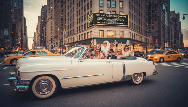 Vintage white Cadillac convertible with glamorous passengers in NYC