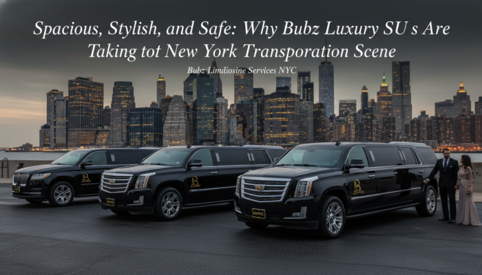 Luxury black SUVs with New York City skyline