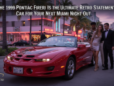 Red Pontiac Firebird convertible in neon-lit Miami street