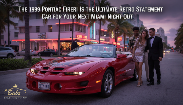 Red Pontiac Firebird convertible in neon-lit Miami street