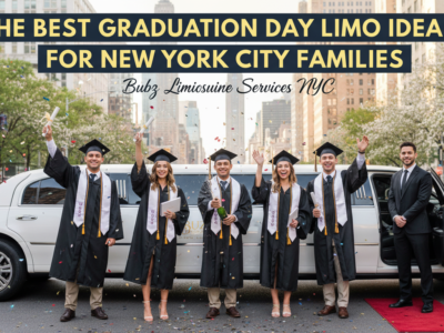 Graduates celebrating in front of limousine in NYC